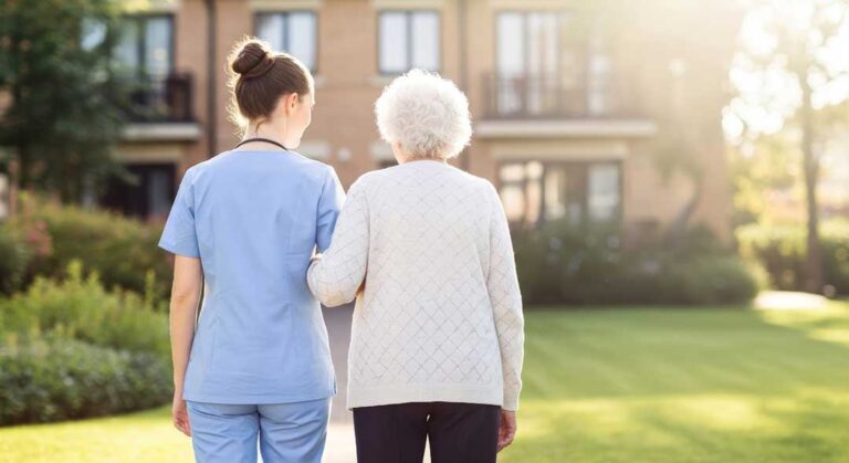 Resident meets with an administrator at a table, reviewing written notes about a care concern.